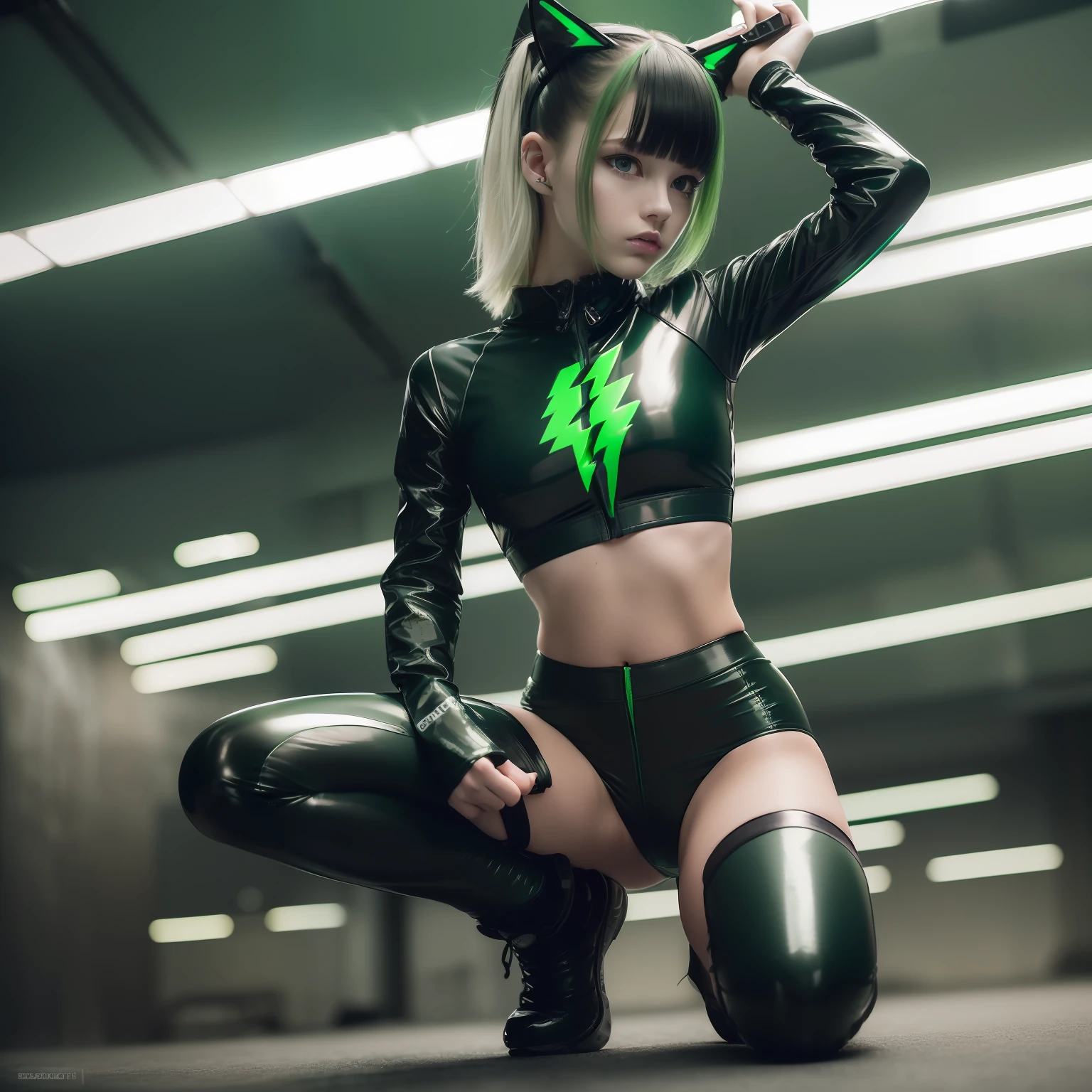 Cyberpunk Edge Runners, 1 Girl, Lucy \ (Cyberpunk \), Green Eyes, Cyber Eye, , Pale Skin, Petite Figure, (Medium Chest, Wild Girl, Small Head)), Sunlight, Sunlight, (Perfect Body: 1,1), (Young), (Short Wavy Hair: 1,2), ((Green and Black Two-Tone Hair)), (Hair with Bangs)), Collar, Full Length, Crowded Street Black latex panties, (wearing tight cropped ((green lightning pattern, black latex sports bra), (black latex panties)), (highly detailed CG 8k wallpaper), (very delicate and beautiful), (masterpiece), (best quality: 1.0), (super high definition: 1.0), gorgeous lighting, perfect flash, realistic shadows, [high resolution], detail skin, Very detailed, pale skin, barefoot,(green cat ears)