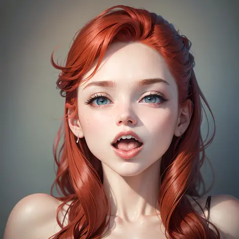 Masterpiece Photography, 8k Ultra Clear, Best Quality, High Quality, Realistic, Red Hair, Open Mouth, Sticking Out Tongue, Shyness, Blushing, (Saliva : 1.3), Lips, Enjoy,, Looking at the viewer, Center Composition, Portrait Photography, Center Composition,...