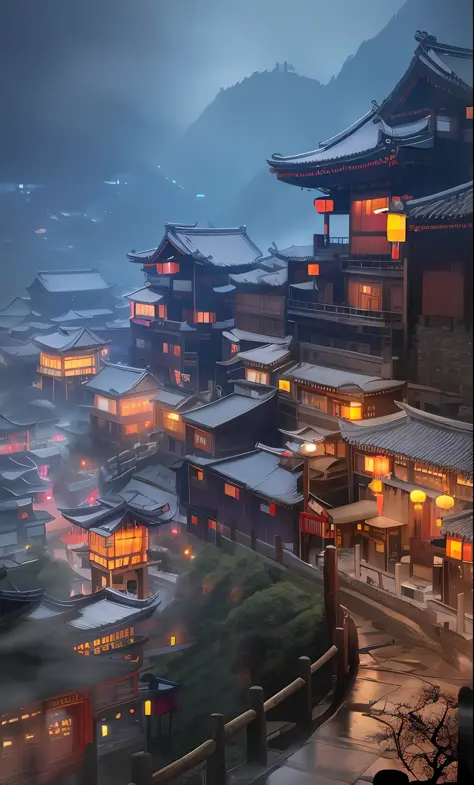 arafed view of a village, lots of lights on buildings, fantastic chinese town, chinese village, amazing wallpapers, japanese town, japanese village, surreal photo of a small town, old asian village, japanese city, Raymond Han, rainy night, cyberpunk ancien...