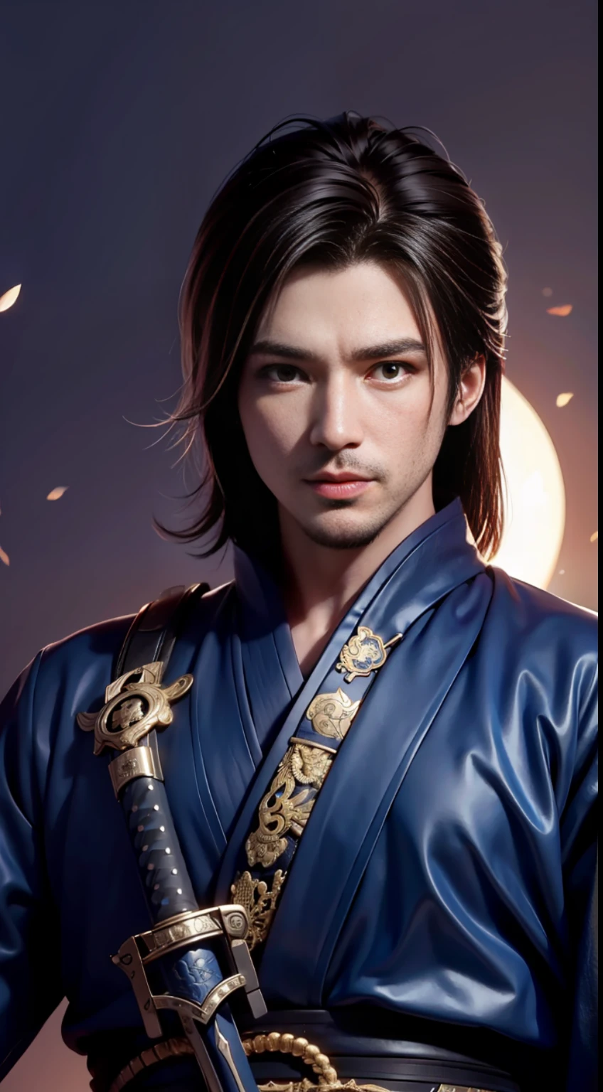 Close-up of a man holding a sword before the full moon, very handsome ...