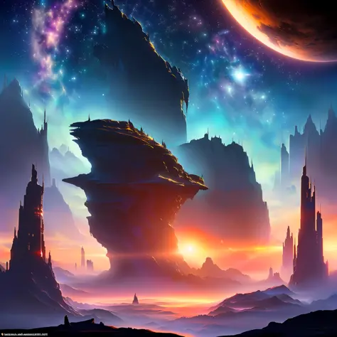 a view of a distant landscape with a planet in the distance, epic fantasy sci fi illustration, inspired by Christopher Balaskas, by Christopher Balaskas, beautiful sci fi art, sci fi digital painting, sci-fi digital painting, sci-fi digital art illustratio...