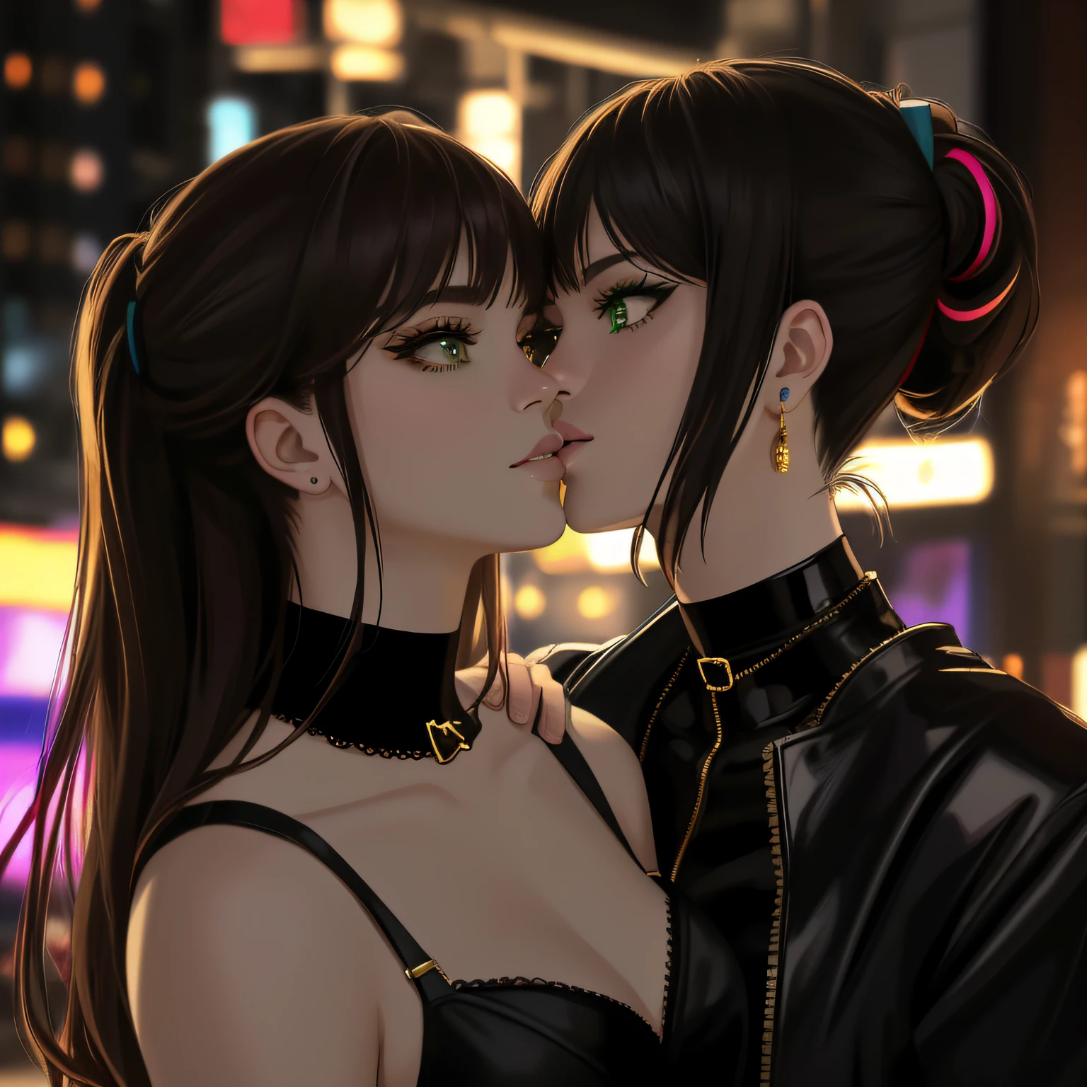 Two anime girls in black leathers kissing in the city - SeaArt AI