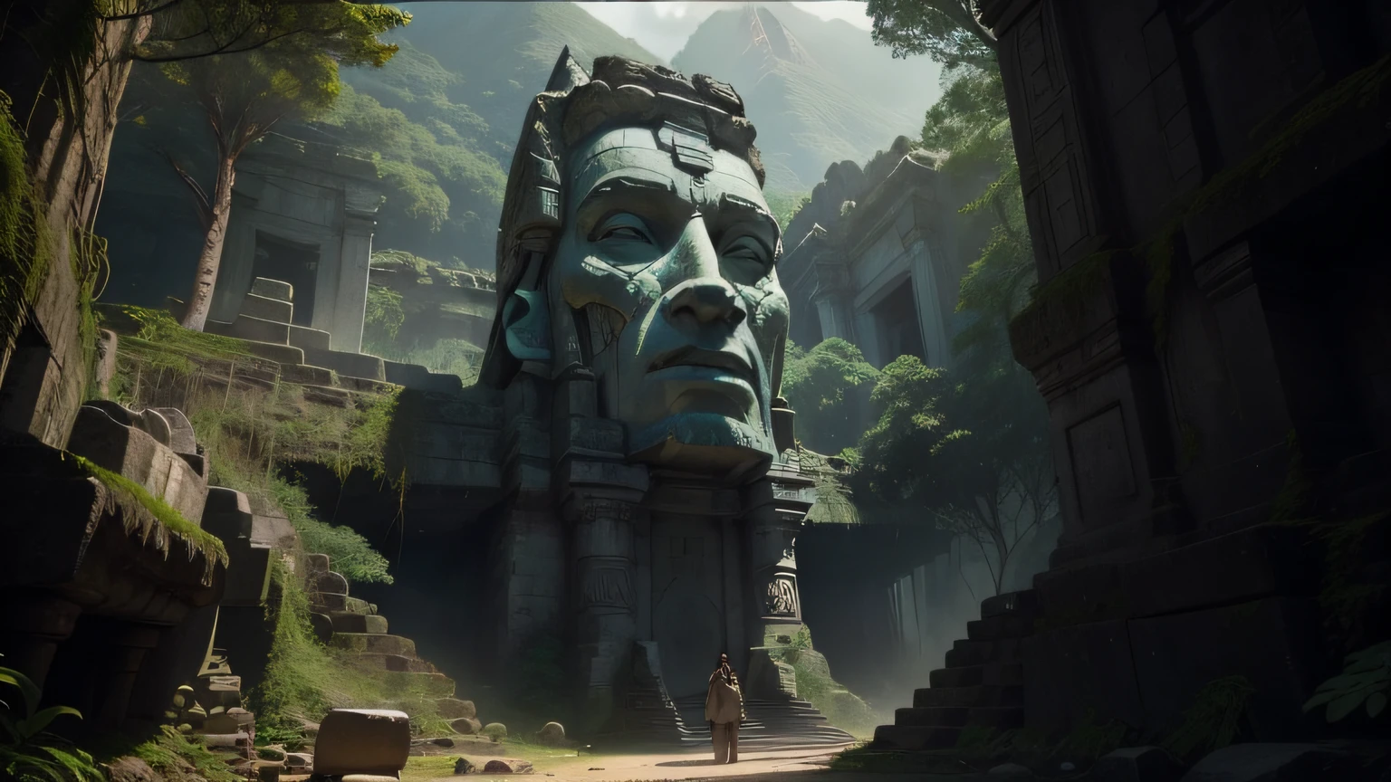 Hay una estatua en medio de un bosque con una montaña al fondo, maya irreal, película promocional todavía, toma de pantalla ancha, Primer plano IMAX de la cara, ruinas del templo de piedra blanca, airborn studios, Ruinas de la selva cubierta de maleza, Moai, cara mostrada, Pantalla de juego