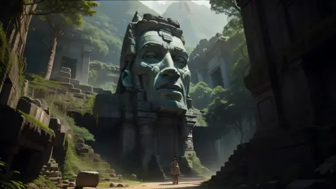 there is a statue in the middle of a forest with a mountain in the background, unreal maya, promotional movie still, widescreen ...