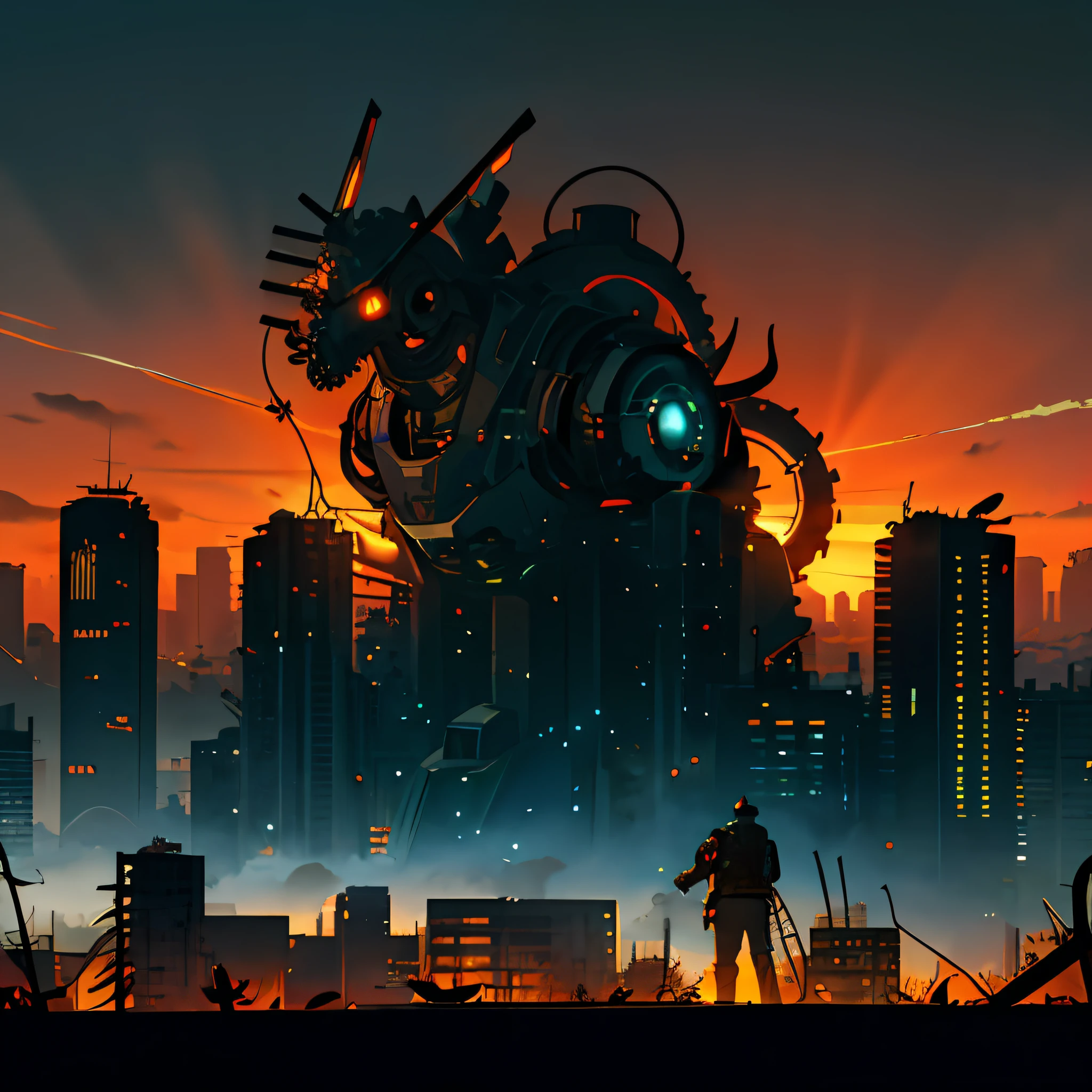 giant robot, (silhouette), glowing, dead buildings, huge monster, ((colossal broken cyborg)), ruins, broken, (cyborg destroyed, leaves, tentacles, monster, horrible creature), ((mechanical)), (worm), mystical abomination, broken buildings, orange sky, clouds, smoke, vines, foliage around buildings, huge vineyards, leaves, post-apocalypse, ruins, flash of light, solar reflection, lens reflection, light particles