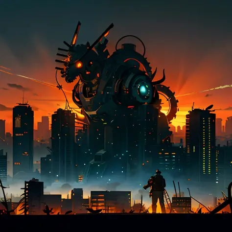 giant robot, (silhouette), glowing, dead buildings, huge monster, ((colossal broken cyborg)), ruins, broken, (cyborg destroyed, ...