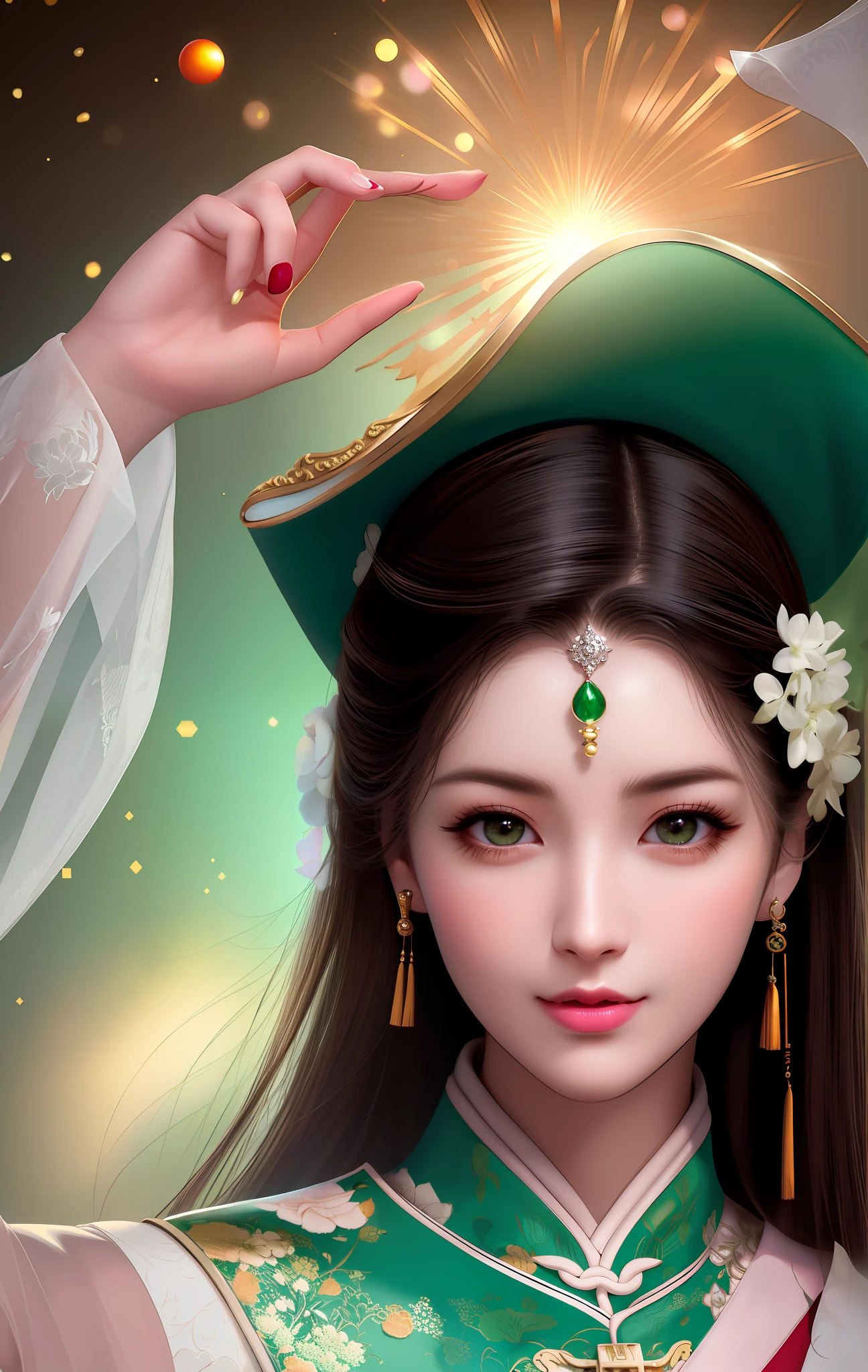 Best quality, masterpiece, high resolution, night, full moon, 1 girl, mature woman, chinoiserie, ancient china, sister, royal sister, smile, dark brown hair, dark hair, princess cut, twist braid, curly hair, double ball head, light pink lips, calm, intellectual, medium hair, green eyes, hairpin, hydrangea ball, delicate face, face close-up, hand close-up, green clothes, beauty, human body, tyndall effect, realistic, light edge, two-tone lighting, (high detail skin: 1.2), 8k uhd, dslr, soft light, high quality, volumetric lighting, photo, high resolution, 4k, 8k, bokeh