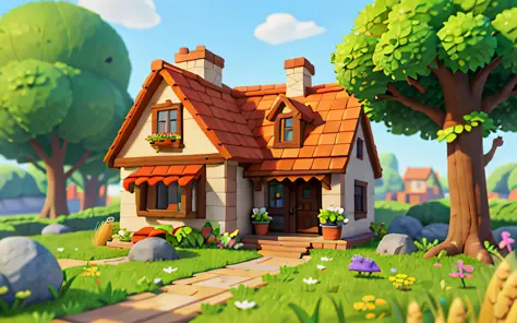 cartoon style, polygon, game architectural design, fantasy, beautiful house, stone, brick, grass, river, flower, vegetable, wheat, tree, animal, casual game style, creative, best detail, cartoon style, 3d, blender, masterpiece, best quality, cartoon render...