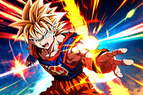 Goku as super saiyan, in the characteristics of the anime, with background in ruined buildings, super realistic, with him releasing his energies, in high definition