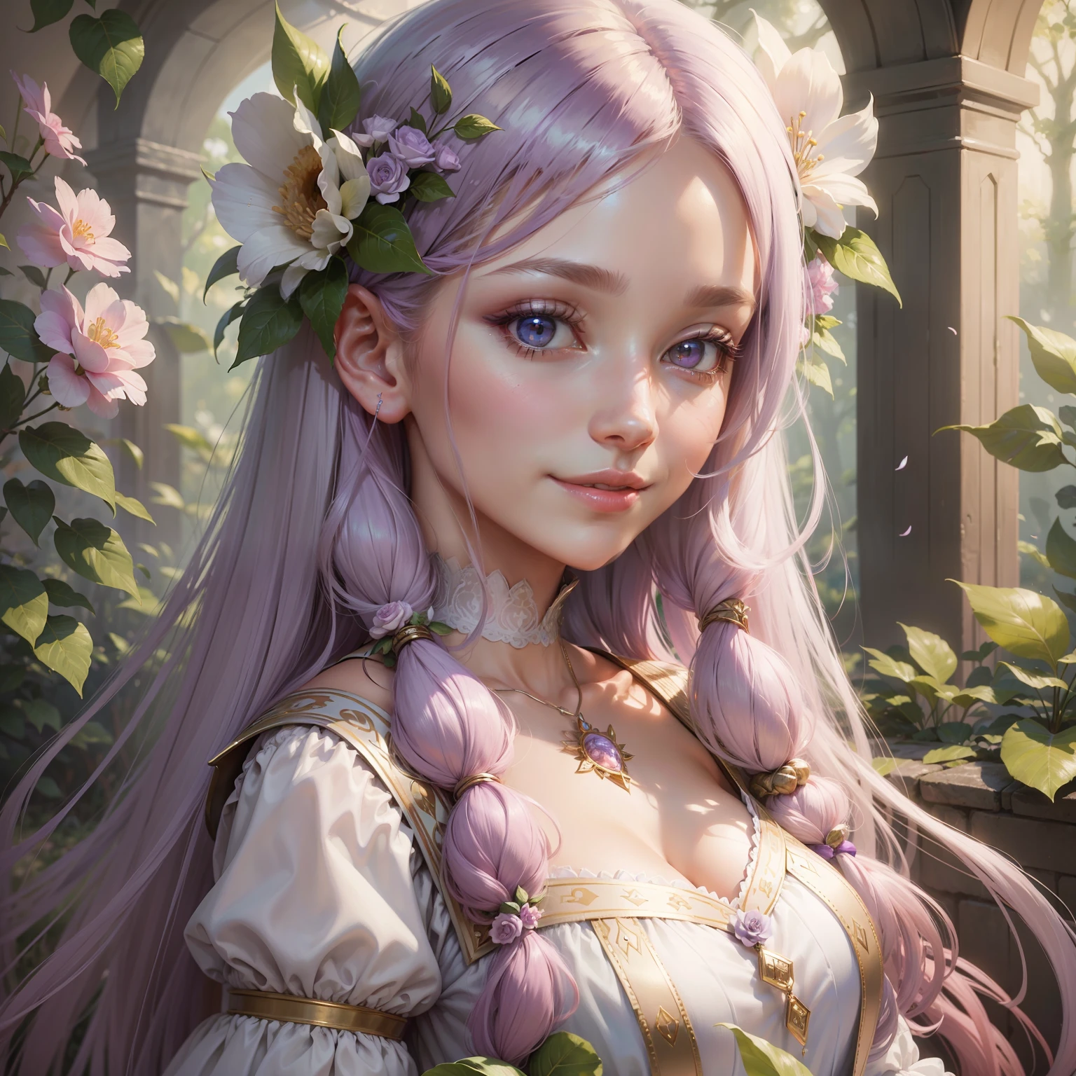 ((high quality)), ((masterpiece)), 8k,artwork, realistic, extremely detailed, game, fairy, shy smile, woman in white dress with lilac nuances, long straight hair and light pink, wreath, white locks, mystical, delicate