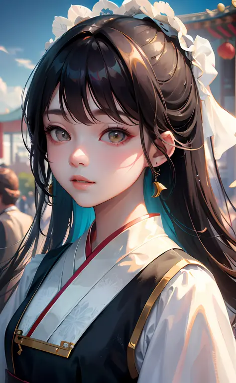 1girl, cute, beautiful face, (portrait:1.2), solo, hanfu, best quality, global illumination, ultra sharp shadows, octane render, 8k, [:(outdoors, Chinese architecture, buildings, (mountain:0.8), cloud):0.1],
