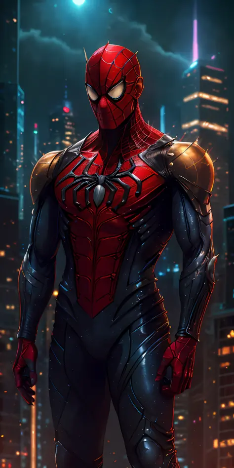 Spiderman from the amazing Spider-Man wearing golden, red-blue cybernetic costume, he stands imposing in a Cyberpunk metropolitan city. Moonlight highlights your muscles and scars. The scenery is lush and mysterious, with dark cyberpunk cityscapes and surr...