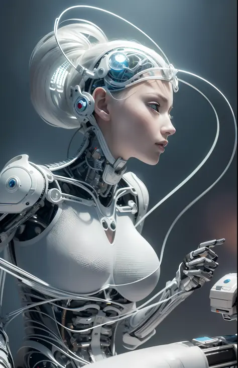 complex 3d render ultra detailed of a beautiful porcelain profile woman android face, cyborg, robotic parts, 150 mm, beautiful studio soft light, rim light, vibrant details, luxurious cyberpunk, lace, hyperrealistic, anatomical, facial muscles, cable elect...