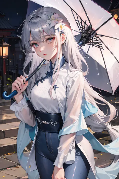 On the rainy playground, the girl hit the umbrella above her head, and held an umbrella in her other hand, blue denim leggings, masterpiece superb night moon full moon 1 female mature woman, Chinese sister royal sister cold face showing silver white long h...