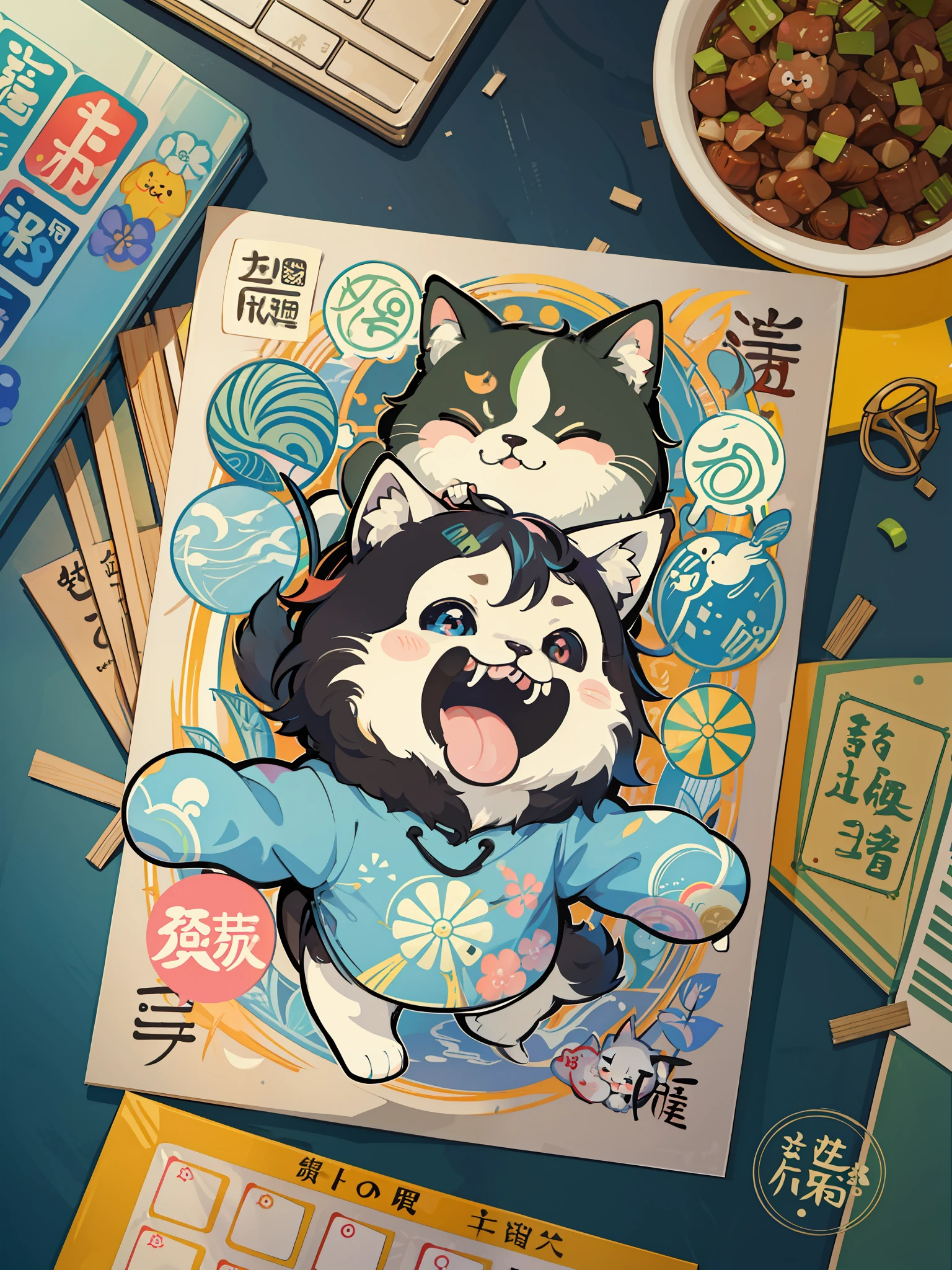 Es gibt viele verschiedene Tiere und Wörter, die auf Chinesisch geschrieben sind, handgemalter Cartoon-Kunststil, Kunstcover, kawaii süßester Aufkleber aller Zeiten, Aufkleberillustration, von Shiba Kōkan, by Kōno Michisei, süße Funktionen, Hungriges Geisterfest, by Gusukuma Seihō, aufkleber Illustrationen, süße Charaktere