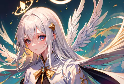 1girl, solo, wallpaper, best quality, masterpiece, oil painting \(medium\),heaven,long hair,white hair,angel,wings,floating island,detail background, (Master's work),(Detailed eye description),(Detailed face description),colorful,hair ornament,halo,veil