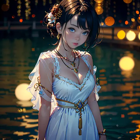 best quality, masterpiece, highres, 1girl,china dress,hair ornament,necklace, jewelry,Beautiful face,upon_body, tyndall effect,photorealistic, beside river, rim lighting, two tone lighting,(high detailed skin:1.2), 8k uhd, dslr, soft lighting, high quality...