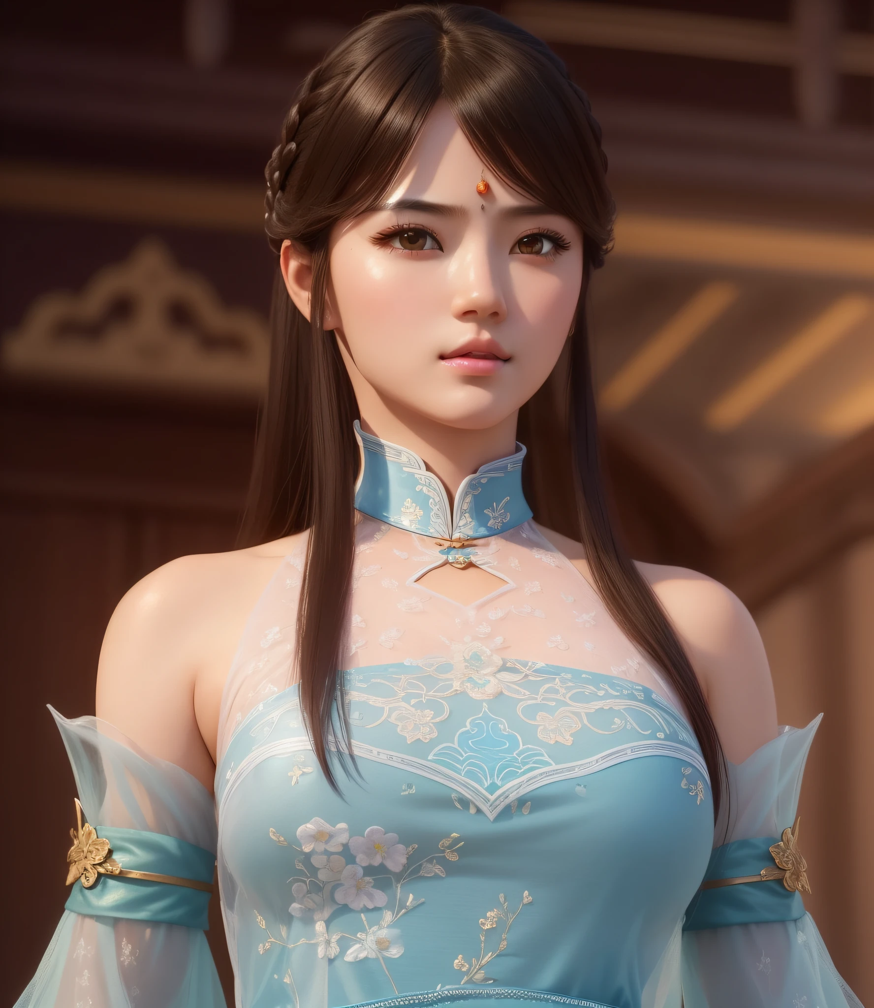 a close up of a woman in a blue dress with a sword, game cg, yun ling, full body xianxia, portrait knights of zodiac girl, trending on cgstation, inspired by Li Mei-shu, inspired by Leng Mei, inspired by Lan Ying, xianxia, 3 d anime realistic, xision wu, beautiful render of tang dynasty, (masterpiece:1.4), (8k, photorealistic, RAW photo, best quality: 1.4), japanese, beautiful face, (realistic face:1.4), (high detailed hair:1.3), beautiful hairstyle, realistic eyes, beautiful detailed eyes, (realistic skin:1.3), beautiful skin, attractive, ultra high res, ultra realistic, highly detailed, golden ratio, (detailed face:1.4), (realistic big breasts:1.4), (braless:1.4), perky_nipples, (see-through outfit, transparent outfit :1.2), (nsfw:1.25), (pink lips),