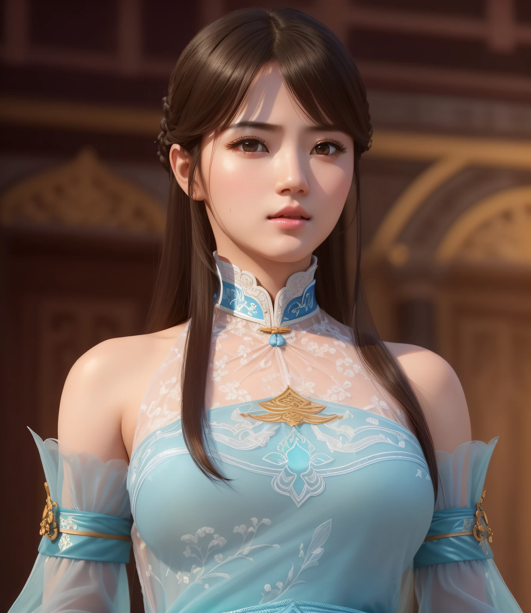 a close up of a woman in a blue dress with a sword, game cg, yun ling, full body xianxia, portrait knights of zodiac girl, trending on cgstation, inspired by Li Mei-shu, inspired by Leng Mei, inspired by Lan Ying, xianxia, 3 d anime realistic, xision wu, beautiful render of tang dynasty, (masterpiece:1.4), (8k, photorealistic, RAW photo, best quality: 1.4), japanese, beautiful face, (realistic face:1.4), (high detailed hair:1.3), beautiful hairstyle, realistic eyes, beautiful detailed eyes, (realistic skin:1.3), beautiful skin, attractive, ultra high res, ultra realistic, highly detailed, golden ratio, (detailed face:1.4), (realistic big breasts:1.4), (braless:1.4), perky_nipples, (see-through outfit, transparent outfit :1.2), (nsfw:1.25), (pink lips),