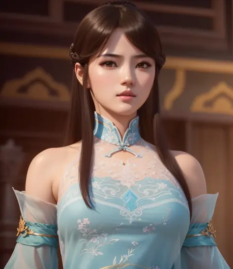 a close up of a woman in a blue dress with a sword, game cg, yun ling, full body xianxia, portrait knights of zodiac girl, trend...