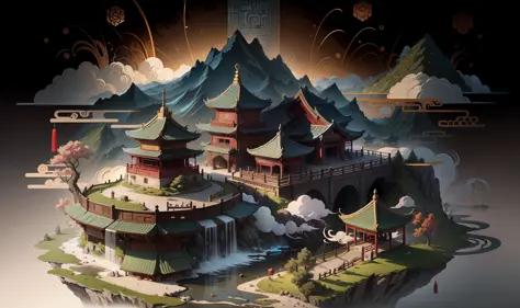 Ancient Chinese scenery, mountains, rivers, auspicious clouds, sunshine, masterpieces, super detail, epic composition, ultra HD, high quality, extremely detailed, official art, unified 8k wallpaper, Super detail, 32k -- v 6