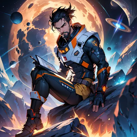 Draw a young programmer, sitting on a research platform floating in the middle of an asteroid belt. He is studying with a notebook, surrounded by several asteroids glowing with fiery auras. Dramatic lighting from distant stars and planets illuminates the s...