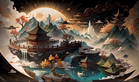 Ancient Chinese scenery, mountains, rivers, auspicious clouds, sunshine, masterpieces, super detail, epic composition, ultra HD, high quality, extremely detailed, official art, unified 8k wallpaper, Super detail, 32k -- v 6