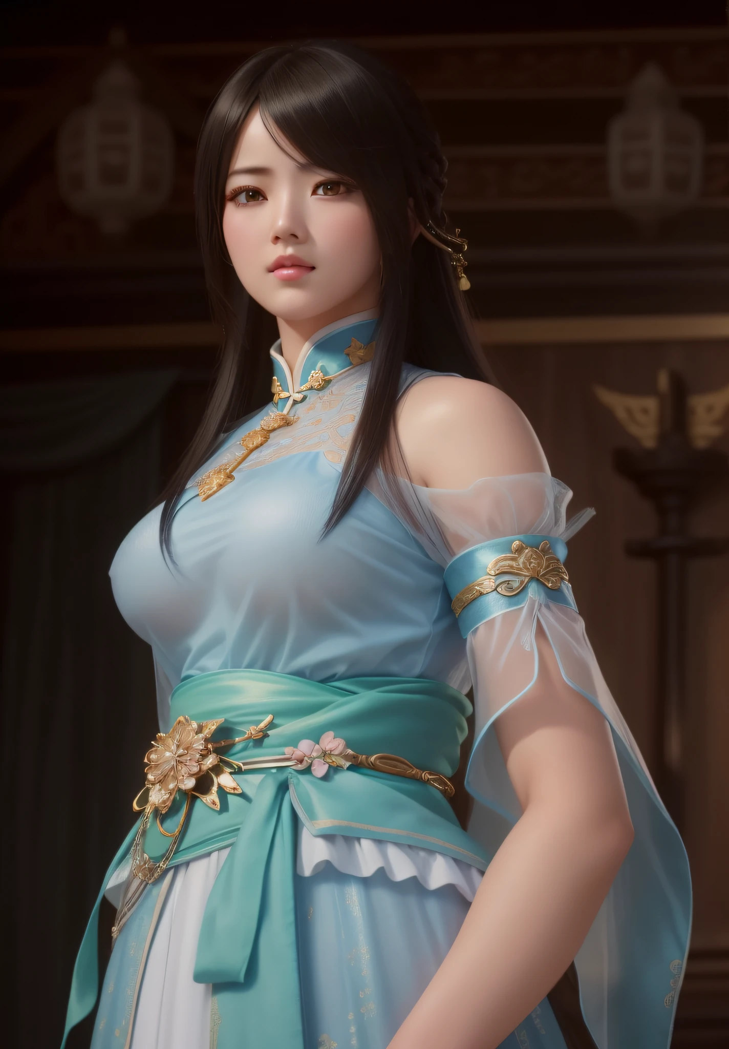 a close up of a woman in a blue dress with a sword, game cg, yun ling, full body xianxia, portrait knights of zodiac girl, trending on cgstation, inspired by Li Mei-shu, inspired by Leng Mei, inspired by Lan Ying, xianxia, 3 d anime realistic, xision wu, beautiful render of tang dynasty, (masterpiece:1.4), (8k, photorealistic, RAW photo, best quality: 1.4), japanese, beautiful face, (realistic face:1.4), (high detailed hair:1.3), beautiful hairstyle, realistic eyes, beautiful detailed eyes, (realistic skin:1.3), beautiful skin, attractive, ultra high res, ultra realistic, highly detailed, golden ratio, (detailed face:1.4), (realistic big breasts:1.4), (braless:1.4), perky_nipples, (see-through outfit, transparent outfit :1.2), (nsfw:1.25), (pink lips),