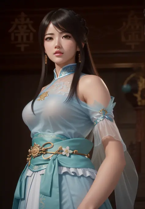 a close up of a woman in a blue dress with a sword, game cg, yun ling, full body xianxia, portrait knights of zodiac girl, trend...