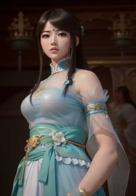 a close up of a woman in a blue dress with a sword, game cg, yun ling, full body xianxia, portrait knights of zodiac girl, trend...
