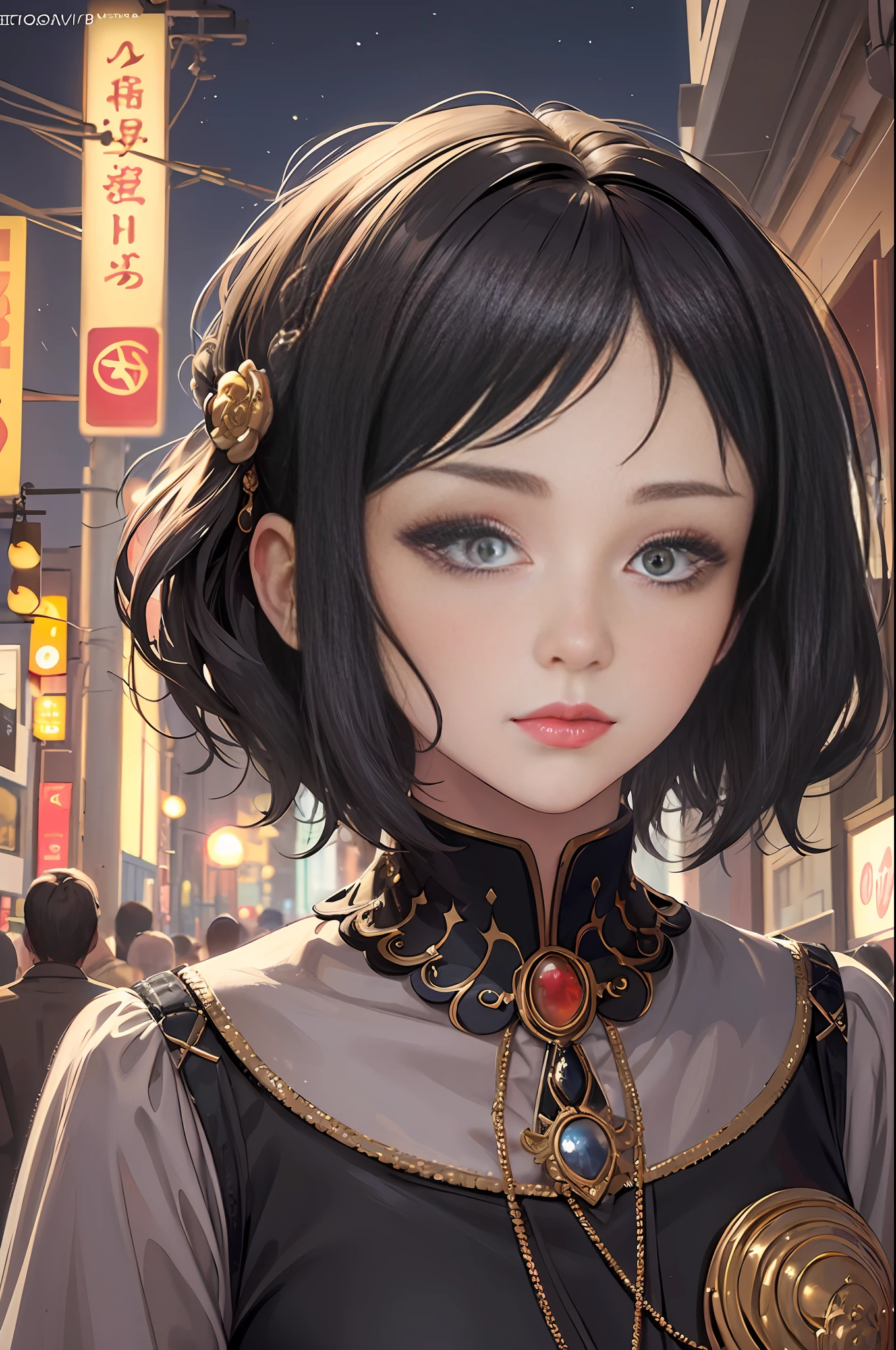 (Masterpiece, Top Quality, Best Quality, Official Art, Beauty and Aesthetics: 1.2), (1girl: 1.3), (Fractal Art: 1.3), Medium Hair with Tassels,(halfbody shot,street lamps,moon),Masterpiece, 1girl, solo exhibition, beautiful woman on the bustling street, surrounded by hawkers, beautiful goddess girl portrait, beautiful and detailed face, porcelain skin, (((bust shot, center, night, black hair, short hair)), super soft lighting, symmetry, complexity, elegance, high detail, realism, art, concept art,