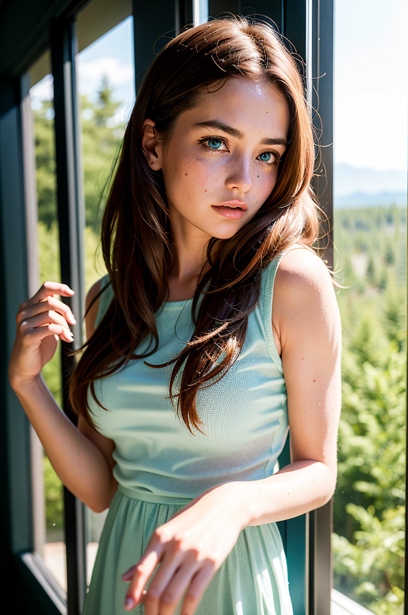 portrait of beautiful women, looking over spruce forest, moody portrait, striking features, beauty, intricate details, dramatic composition, tension, wispy hair, blue eyes, contrast, texture, realism, high-quality rendering, stunning art, high quality, film grain, Fujifilm XT3, acne, blemishes, detailed skin, freckled, open exposed see-through outfit