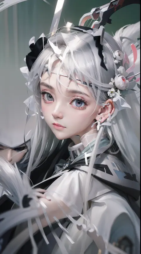 Veil on head, gray veil, white hair, gray white, Guvez art style, arrogant and indifferent girl, half-squinted, white eyeballs, white eyes, national style, gray white, 4k, 8k rendering, real light and shadow, colorful, high quality, ethnic style