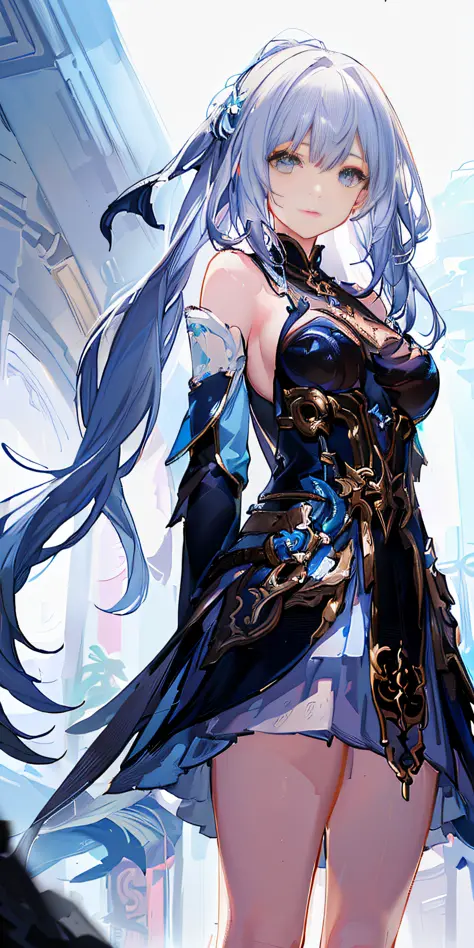 anime girl with long hair and blue dress standing in front of a building, extremely detailed artgerm, shadowverse style, keqing from genshin impact, granblue fantasy, cushart krenz key art feminine, beautiful celestial mage, trending on artstation pixiv, a...
