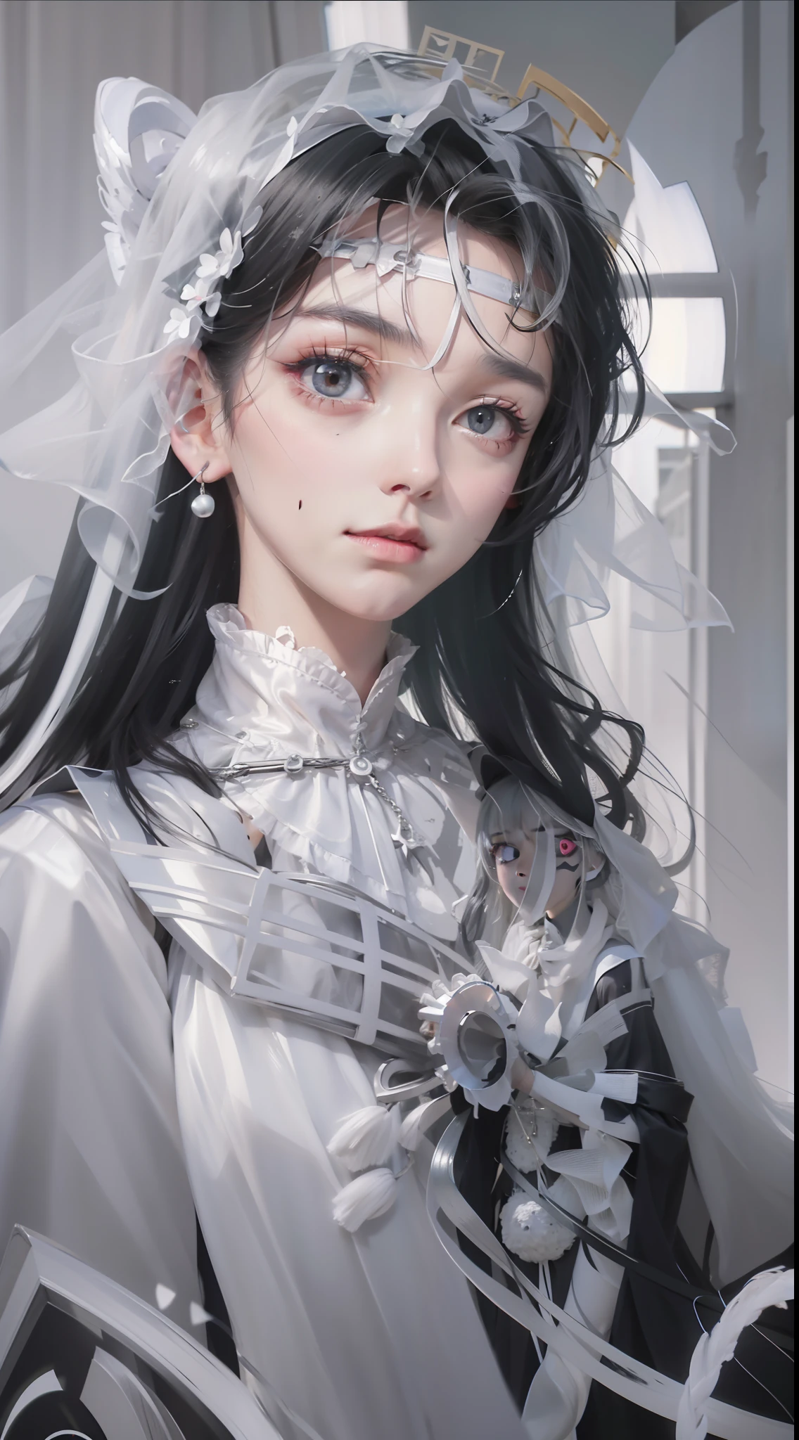 Wearing veil, gray veil, white hair, gray white, Guvez art style, arrogant and indifferent girl, half-squinted, white eyeballs, white eyes, national style, gray white, 4k, 8k rendering, real light and shadow, colorful, high quality, ethnic style, pure white background, wearing silver jewelry