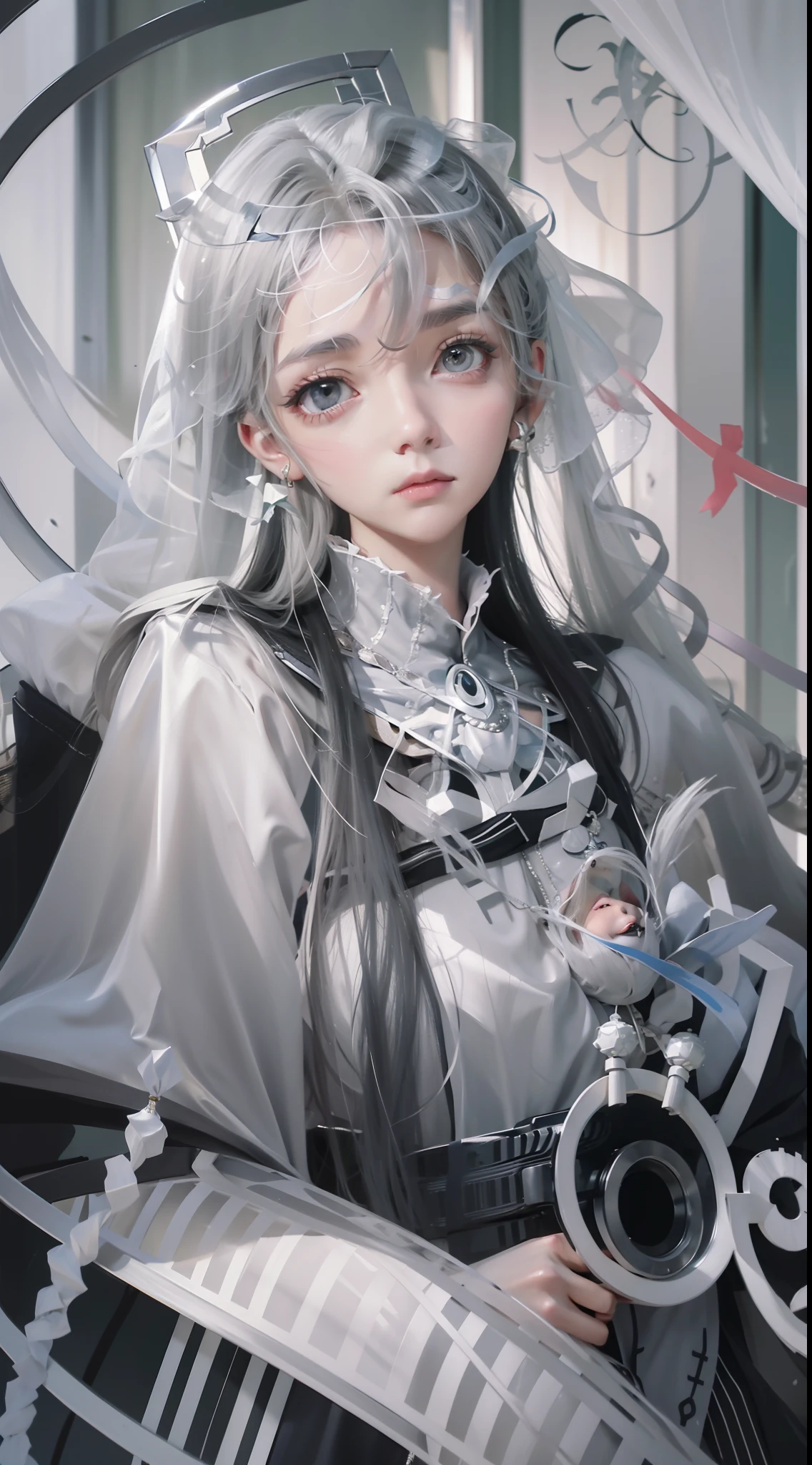 Wearing veil, gray veil, white hair, gray white, Guvez art style, arrogant and indifferent girl, half-squinted, white eyeballs, white eyes, national style, gray white, 4k, 8k rendering, real light and shadow, colorful, high quality, ethnic style, pure white background, silver jewelry on the head, Miao clothing