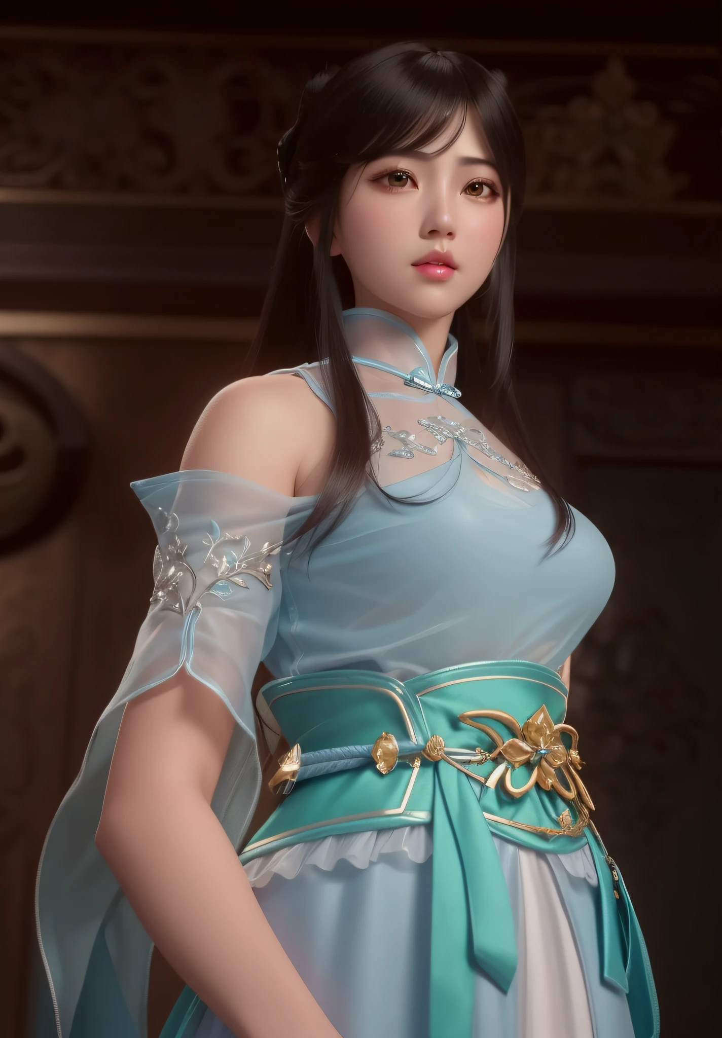 a close up of a woman in a blue dress with a sword, game cg, yun ling, full body xianxia, portrait knights of zodiac girl, trending on cgstation, inspired by Li Mei-shu, inspired by Leng Mei, inspired by Lan Ying, xianxia, 3 d anime realistic, xision wu, beautiful render of tang dynasty, (masterpiece:1.4), (8k, photorealistic, RAW photo, best quality: 1.4), japanese, beautiful face, (realistic face:1.4), (high detailed hair:1.3), beautiful hairstyle, realistic eyes, beautiful detailed eyes, (realistic skin:1.3), beautiful skin, attractive, ultra high res, ultra realistic, highly detailed, golden ratio, (detailed face:1.4), (realistic big breasts:1.4), (braless:1.4), perky_nipples, (see-through outfit, transparent outfit :1.2), (nsfw:1.25), (pink lips), (slender body:1.2)