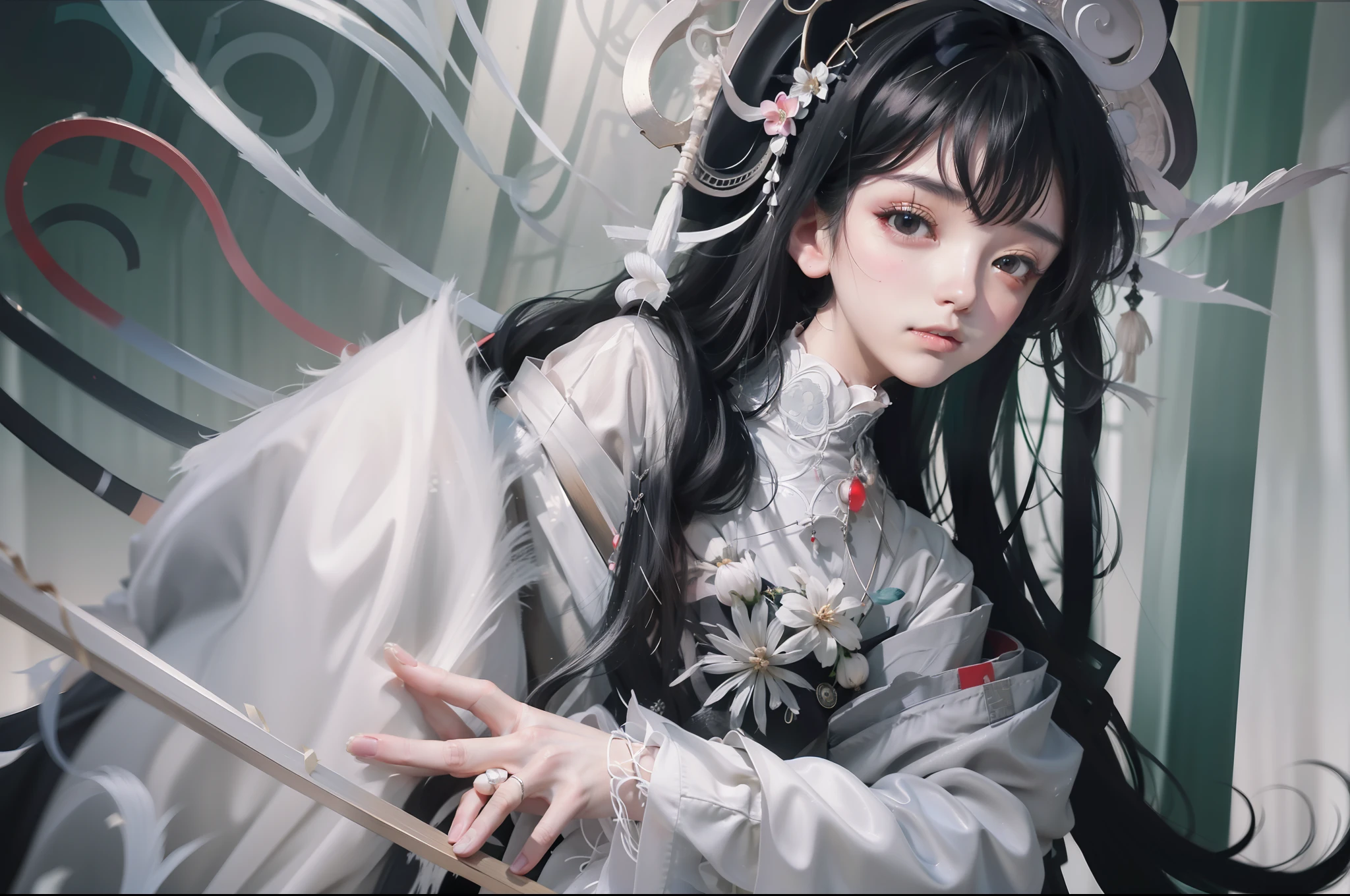 Gloomy weather, gray-black world, Miao girl, wearing silver jewelry, exquisite decoration, exquisite woman, tall, Hanfu, robe, national style beauty, very temperamental, Guvez art style, wearing tulle, white hair, Miao Xinjiang dressed, wizard, witch, empty eyes, white eyes,