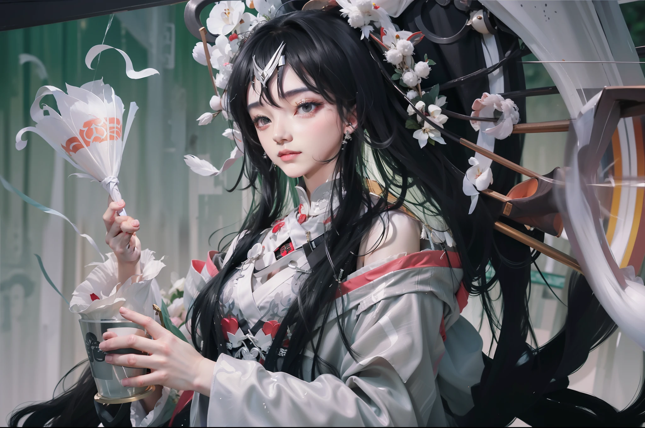 Gloomy weather, gray-black world, Miao girl, wearing silver jewelry, exquisite decoration, exquisite woman, tall, Hanfu, robe, national style beauty, very temperamental, Guvez art style, wearing tulle, white hair, Miao Xinjiang dressed, wizard, witch, empty eyes, white eyes,
