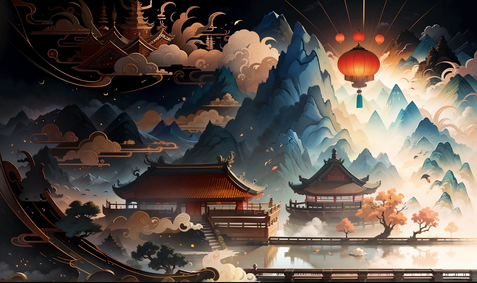 Ancient Chinese scenery, mountains, rivers, auspicious clouds, sunshine, masterpieces, super detail, epic composition, ultra HD, high quality, extremely detailed, official art, unified 8k wallpaper, Super detail, 32k -- v 6