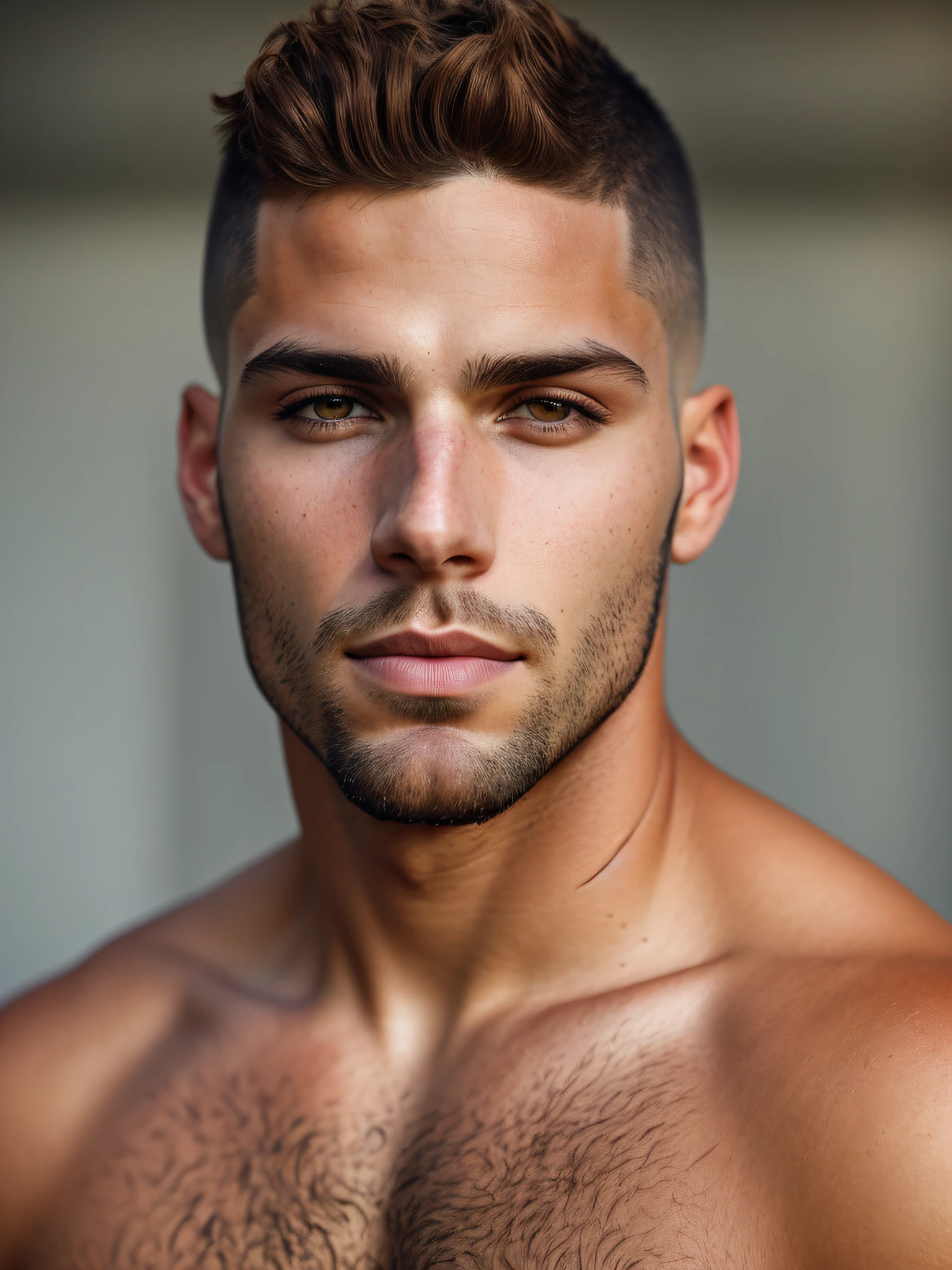 Full frame, close portrait, extremely beautiful male model, Herculean Greek male, Taupe fair skin, auburn buzzcut shaved hair, heterochromia honey eyes, (skin texture), skin pores, shallow depth of field, sharp eye focus, backlit