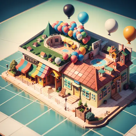 Isometric house, (45 degree view from top), cartoon, coffee house, colorful balloons, cute architecture, huge coffee-like signboard, amusement park, blank background, clear structure, correct light and shadow, 3d rendering --s2
