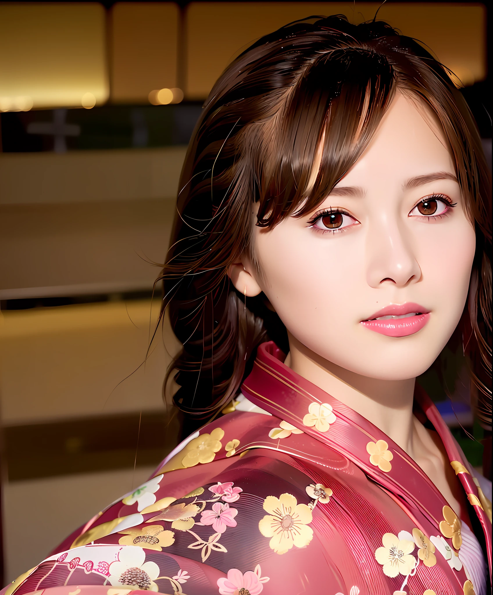 best quality, photorealistic, 8k, high res, 1girl, woman, (skindentation), (professional lighting), (kimono:1.74), gorgeous, (1girl eyes looking at viewer:1.54), ((looking at viewer:1.6)), (looking at the camera), photorealistic, (bokeh), (dynamic pose:1.2), masterpiece, intricate, realistic, sharp focus, award-winning photograph,smile