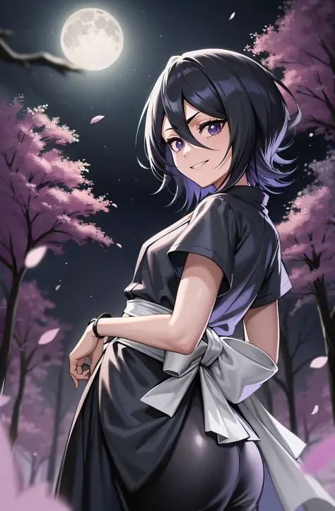 anime screen, night sky, moon, forest, path, 1girl, solo, short hair, black hair, purple eyes, japanese clothes, looking at the ...