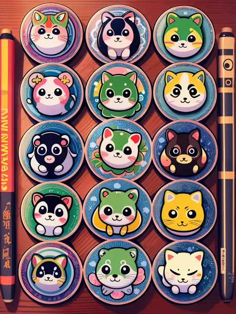 there are many different animals and words written in chinese, hand painted cartoon art style, art cover, kawaii cutest sticker ...