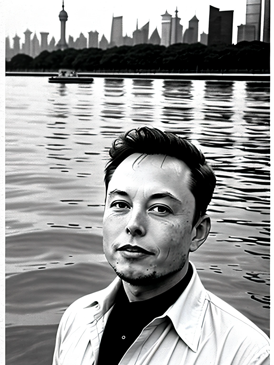 Elon Musk swim in the Huangpu River in Shanghai in 1967，black and white photo, sense of history