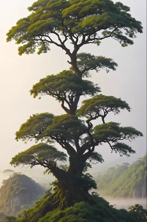 (best quality), [ (landscape:1.2), (nature:1.1), (tree:1.2), (morning fog:1.1), (birds on branches), (ancient tree), (deep jungl...