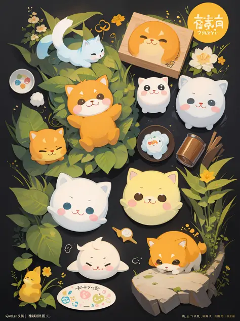 there are many different animals and words written in chinese, hand painted cartoon art style, art cover, kawaii cutest sticker ...