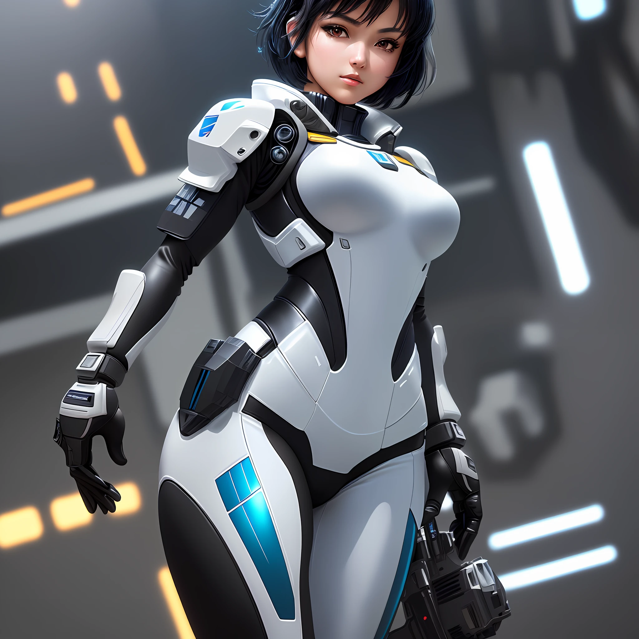 Elaborate CG Unity 8K wallpaper, masterpiece, highest quality, highest resolution, distinct_image): (Dynamic Angle, Solo, Short Black Hair Girl, Full Figure, Small Breasts, Sparkly Black Eyes, White and Blue Color Flight Suit, Tight Fit Clothes, Full Body Covering Clothes, Beauty, Slim Body, Exoskeleton, Gundam, Metal Gear, Gundam Pilot, Gentle Expression)