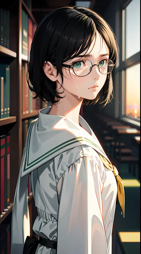 Anime Reference 86, school, atmosphere, alone, woman, girl, green eyes, (very short black hair), (round glasses), general unifor...